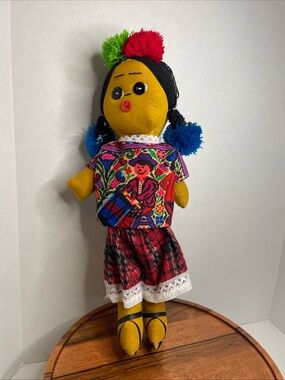 Vintage 15.5” Guatamala Colorful Cloth Handmade Rag Doll With Pom Pom Pigtails